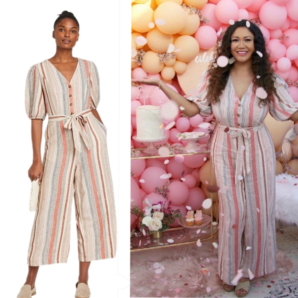 Universal Thread V-Neck Pastel One Piece Linen Blend Stripes Jumpsuit. S